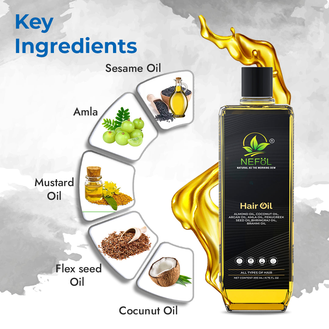 Nefol Hair Oil with Sesame, Amla, Flaxseed, Coconut, Mustard & Argan Oils - Prevents Dandruff, Strengthens Hair, Promotes Growth - 200ml