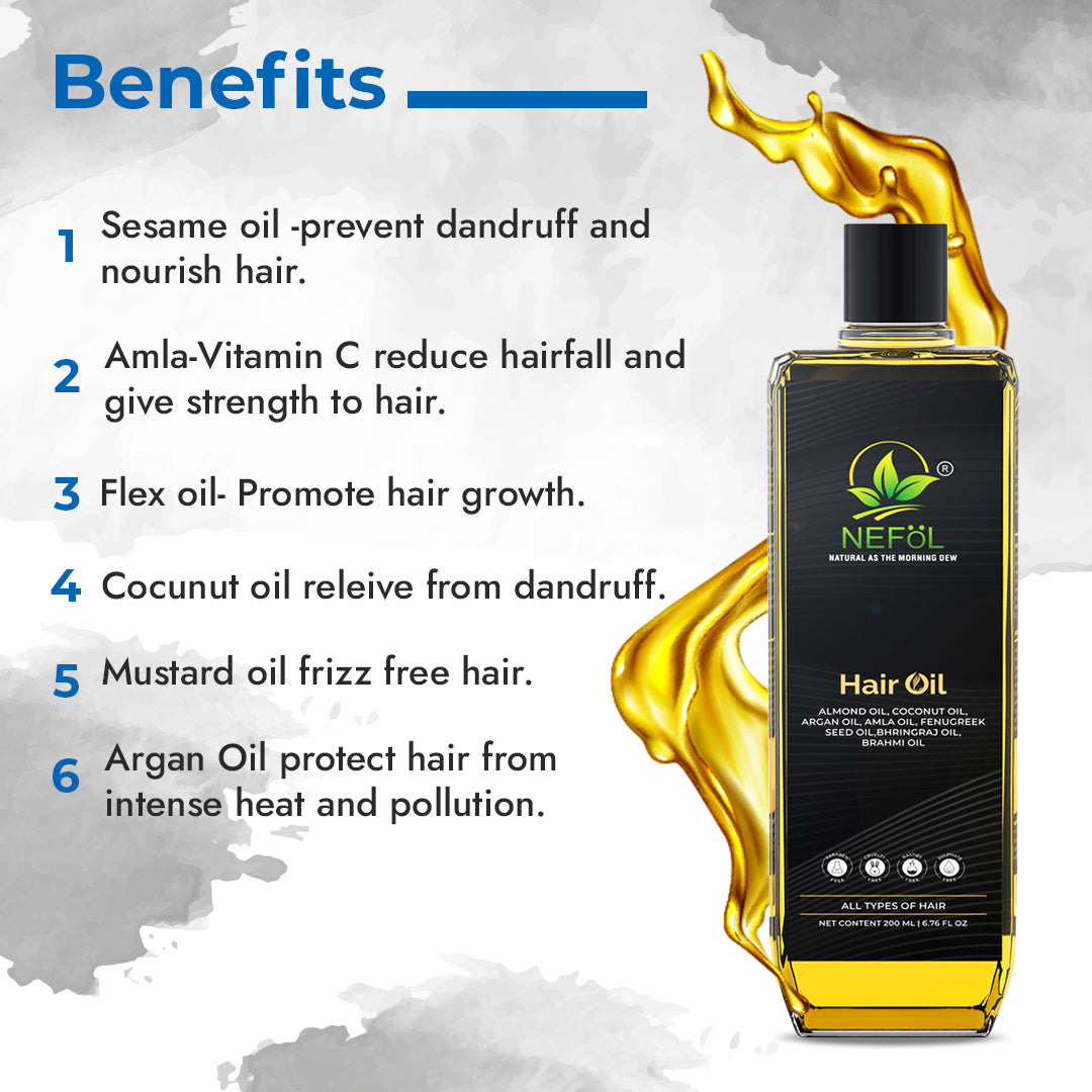 Nefol Hair Oil with Sesame, Amla, Flaxseed, Coconut, Mustard & Argan Oils - Prevents Dandruff, Strengthens Hair, Promotes Growth - 200ml