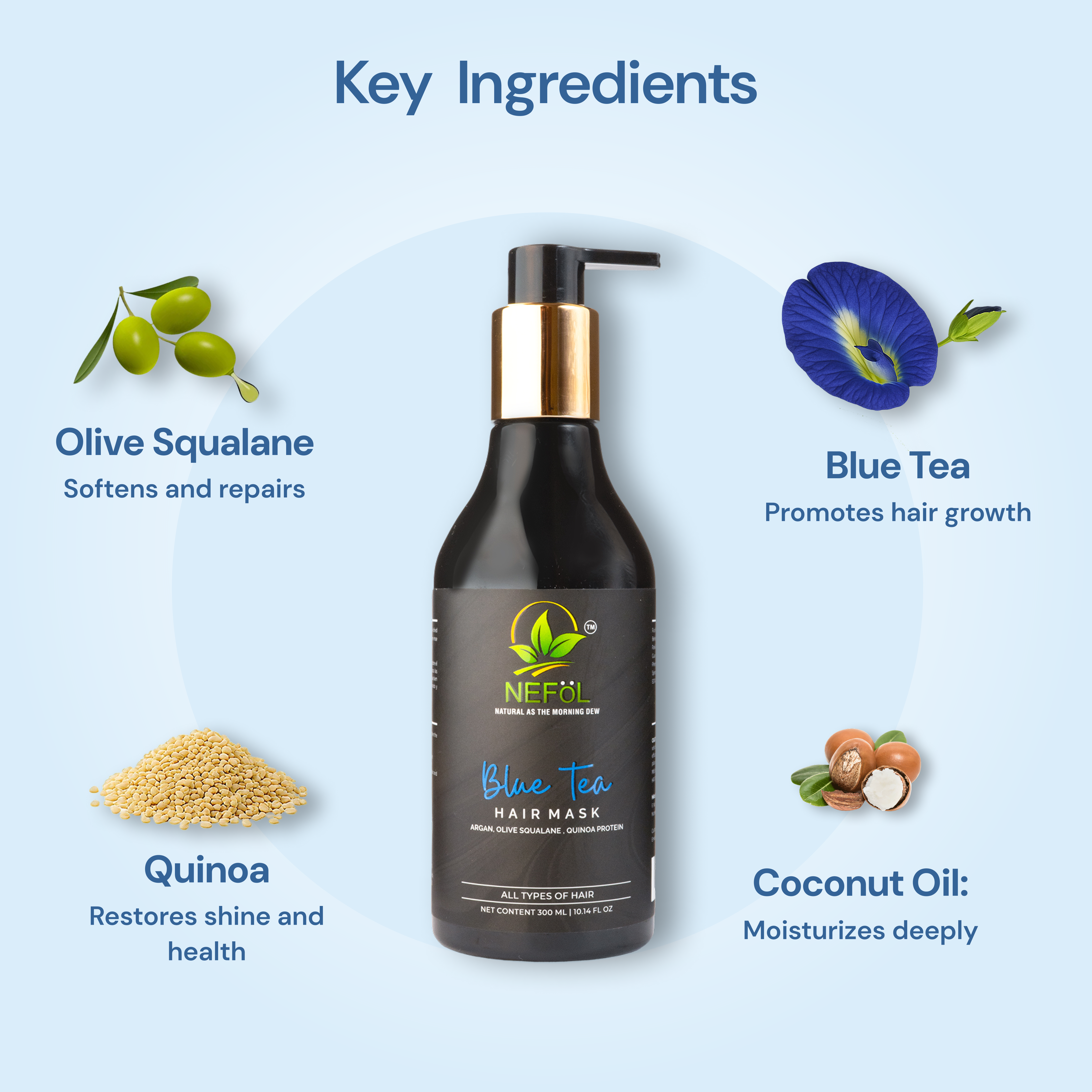 Nefol Hair Mask with Blue Tea, Shea Butter, Quinoa, and Olive Squalane - Restores Shine, Softens Hair - 300ml